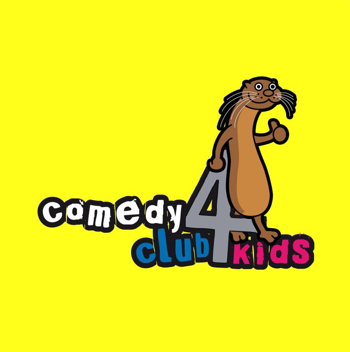 bright yellow backroung with 'comedy club 4 kids' written on it. There is a cartoon otter leaning on the 4 with a thumbs up