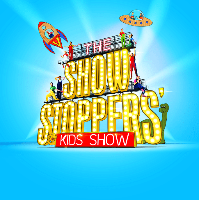 Showstoppers written in a yellow font on a bright blue background