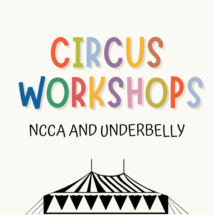colourful text that says circus work shows with an illustration of a circus tent